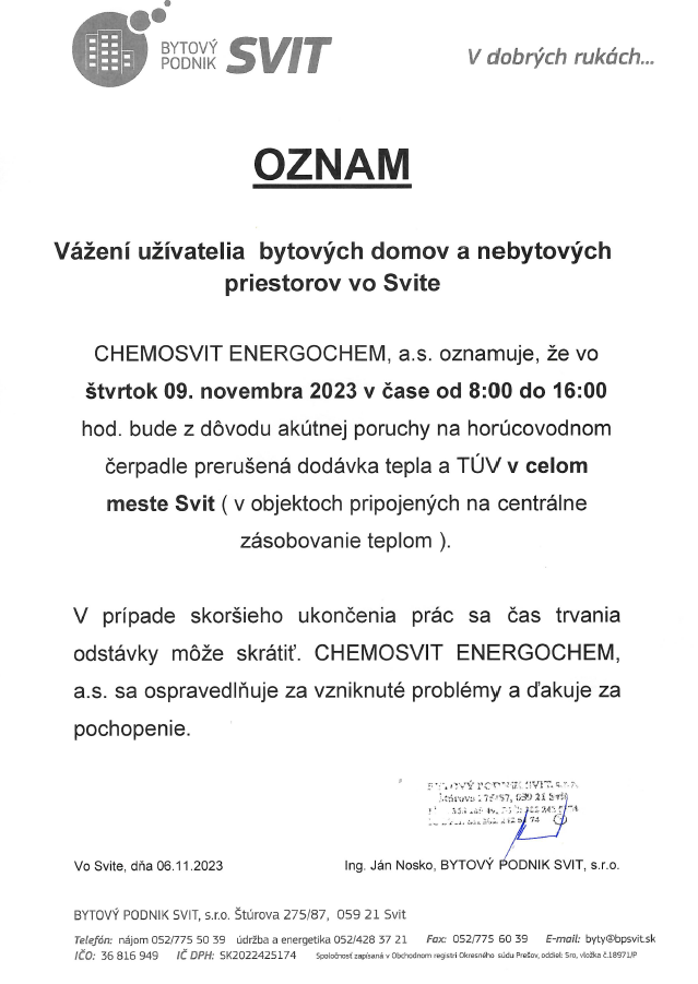 OZNAM prerušenie dodávky tepla 231109