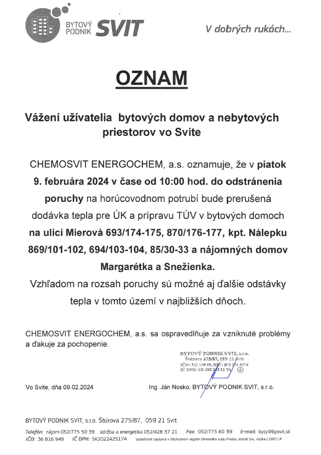 OZNAM prerušenie dodávky tepla 240209