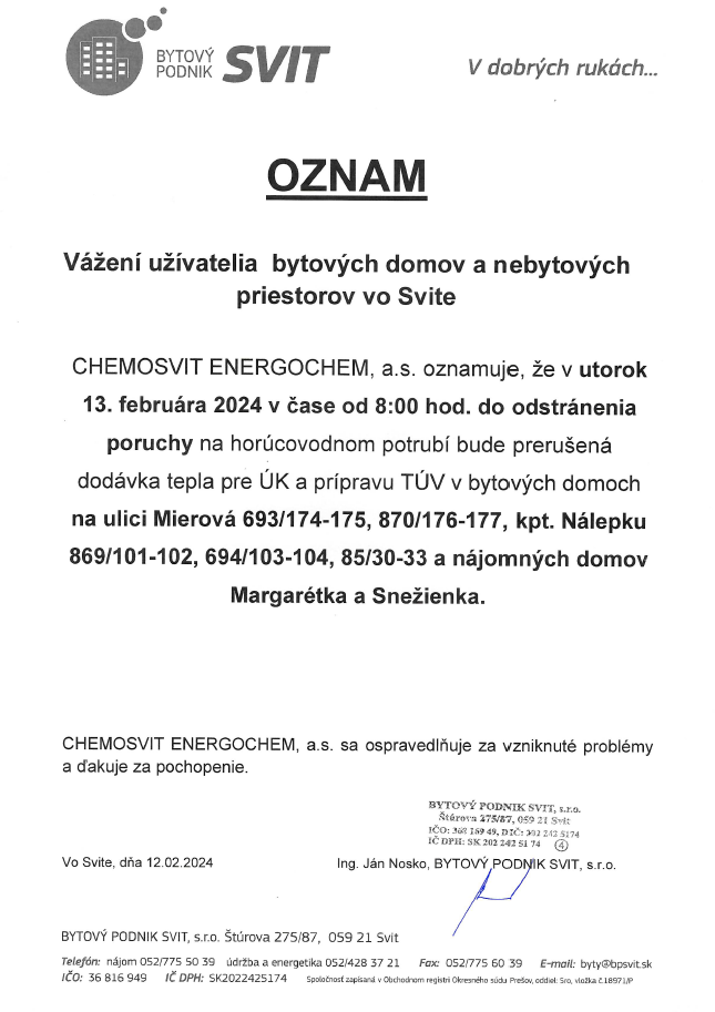 OZNAM prerušenie dodávky tepla 240213