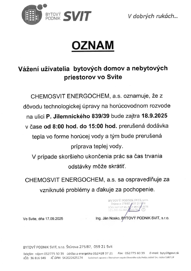 Oznam teplo 250918