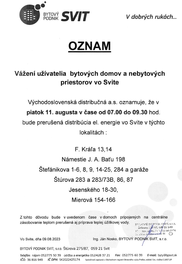 OZNAM prerušenie dodávky elektriny 230811