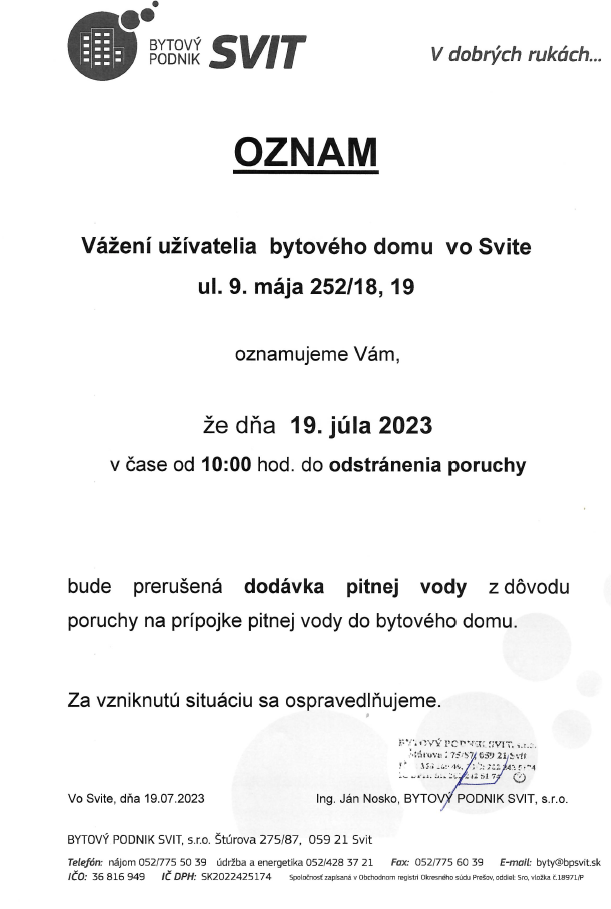 Oznamenie voda BD252 230719